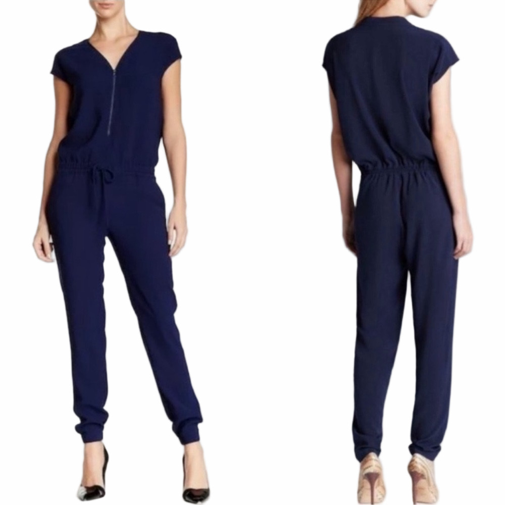 Vince Coastal Cap Sleeve Drawstring Jumpsuit Zip Up Blue Size 8